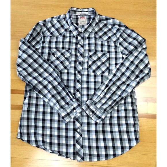 LEVIS Pearl Snap Shirt Mens XXL Plaid Buffalo Check Western Sawtooth Pockets 2XL - Picture 1 of 16